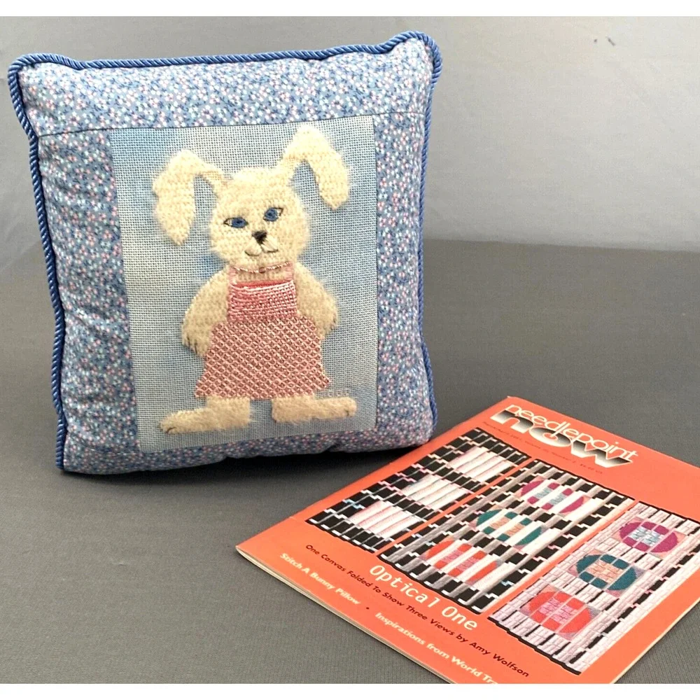 VTG Tooth Fairy Pillow Handmade Bunny Rabbit Needlepoint w Pattern Magazine OOAK